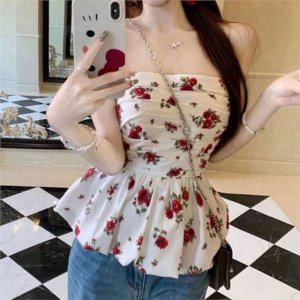 프릴 여성 오프숄더 블라우스 화이트 플라워 여성 크롭 블라우스 여름