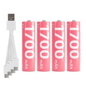 C타입 AA 충전지 건전지 4개 4in1 리튬 충전 케이블 포함 1.5V 1700mAh 재사용 1000