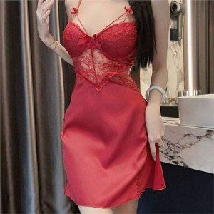 레이스 파자마 슬립 홈 웨어 잠옷 원피스 가운 여성 끈나시