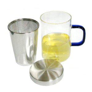 SAMA DOYO 내열유리 거름망 티머그 뚜껑달린 유리잔 500ml 블루 스텐 필터 차우림 머그컵
