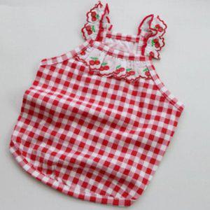 강아지 체크 부드러운 레이스 나시티 레드 1P 앵두 티셔츠 여름