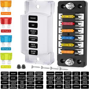 DaierTek 6 웨이 퓨즈 블록 블레이드 퓨즈 박스(네거티브 버스 포함) 6 회로 퓨즈 홀더 퓨즈 블록(12V 24V 자동용 네거티브 버스 포함)