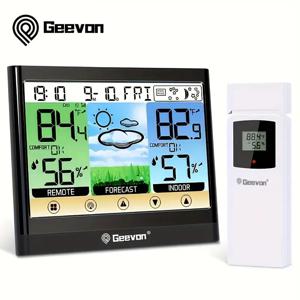 Geevon 기상 관측소 무선 실내 실외 온도계 습도계 알람 시계 조정 가능한 백라이트가있는 터치 LCD 디스플레이