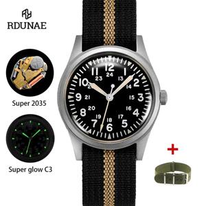 2025 새로운 RDUNAE RA03 34.5mm 군사 남자 빈티지 쿼츠 시계 G10 Miyota 2035 시계 K1 미네랄 유리 스테인레스 스틸 손목 시계