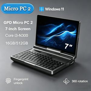 Ignite GPD 마이크로 PC 2: 7인치 블레이징 터치스크린, 16GB 램, 512GB SSD, N300 CPU, 윈도우 11  야만적인 손바닥 크기의 미니 노트북