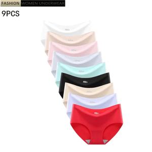 여성용 심리스 아이스 실크 속옷, 단색 속옷, 중간 허리, 섹시한 여학생 브리프, 편안함, 9 PCs/로트
