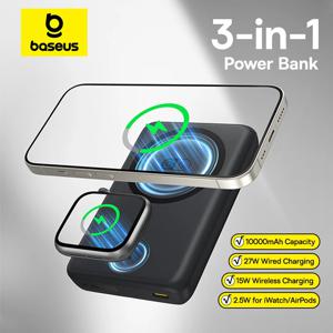 Baseus 27W 자기 보조베터리 10000mAh 15W 무선 ​​충전 iPhone iWatch AirPods 용 외장 배터리 Samsung Xiaomi Poco