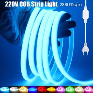 220V COB LED 스트립 EU 플러그 따뜻한 백색 적색 청색 녹색 분홍색 288LED/m IP65 방수 유연 네온 조명 (주방, 실내, 정원용)