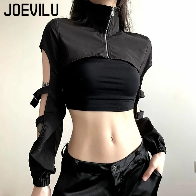 JOEVILU 여성용 사이버 펑크 고스 하라주쿠 크롭 탑 긴 소매 속이 빈 지퍼 T 셔츠 Y2K Grunge Street Jacket for Dancing