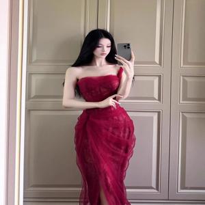 레드 레이스 뷔스티에 이브닝 드레스 생일 스커트 한국 스타일 미드 웨이스트 롱 드레스 웨딩 파티 공연 우아한 여성용 드레스