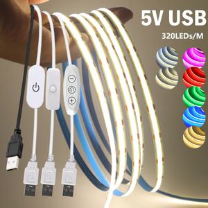 5V USB COB LED 스트립 라이트 3키 터치 디밍 가능 ON/OFF 스위치 밝은 빨강 초록 파랑 따뜻한 흰색 320LEDs 플렉스 리본 테이프 8mm PCB