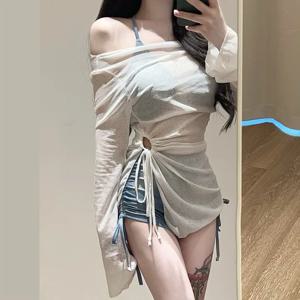 휴가용 미국 섹시 타이다이 블루 스포츠 스플릿 플랫 앵글 비키니 커버 3피스 세트 온천 휴가 수영복 (여성용)