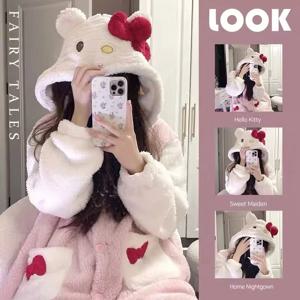 Sanrio 귀여운 헬로 키티 잠옷 여성 만화 가을 겨울 산호 벨벳 슬리핑 스커트 소녀 따뜻한 두꺼운 홈 캐주얼 의류