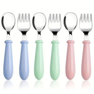 6 PCS 유아 용품 스테인레스 스틸 포크와 숟가락 안전한 아기은 제품 세트, 어린이 안전 용품 어린이 Flatware Kids Cutle