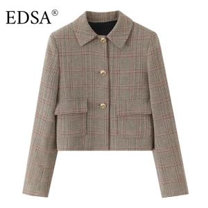 EDSA 여성용 하운드투스 크롭 블레이저, 숄더 패드 포함, 싱글 브레스티드 플랩 포켓, 오피스 레이디 코트 아우터웨어