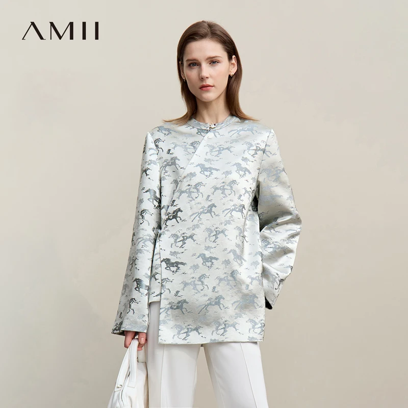 Amii 여성 자켓 2026 봄 신상 우아한 자카드 타이 프론트 코트 O 넥 루즈 비대칭 플래킷 긴 소매 탑 12641097