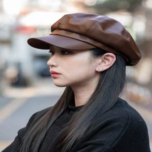 여성용 PU 가죽 베레모 8각 모자 레트로 뉴스보이 모자 영국 스타일 덕빌 페인터 캡 캐주얼 패션 액세서리