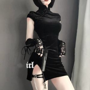 디아블로 소녀 스타일 레트로 의류, 반팔 밑단 스플릿 펑크 벨벳, 중국 섹시 치파오 스커트, 하이웨이스트 슬리밍 원피스