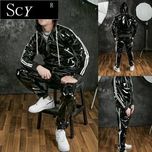 남자와 여자의 PU 가죽 까마귀 정장 레저 스포츠 까마귀 조깅 슈트 스포츠 남자 정장 밝은 가죽 운동복