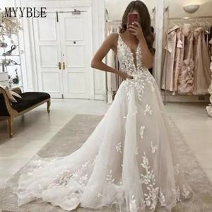 MYYBLE 맞춤형 웨딩 드레스 보헤미아 v 넥 비치 브라 가운 빈티지 a 라인 아플리케 여성용 Vestido De Novia