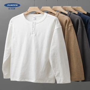 Dukeen 320G 헤비급 100% 코튼 헨리 넥 T 셔츠 남성용 긴팔 봄 가을 캐주얼 탑 솔리드 컬러 언더 셔츠