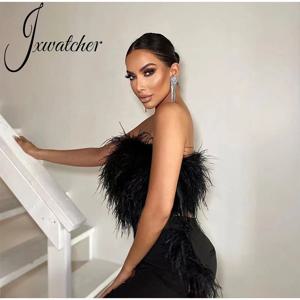 Jxwatcher 천연 타조 깃털 탑 브래지어 여성 여름 깃털 튜브 레이디 웨딩 긴 머리 푹신한 속옷 저녁 파티 착용