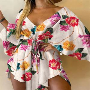 여성 프린트 드레스 섹시한 v 넥 박쥐 슬리브 Ruffl 꽃 프린트 보헤미안 비치 Sundress 숙녀 느슨한 여름 휴가 미니 드레스