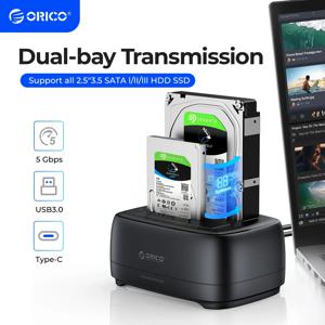 ORICO 듀얼 베이 하드 드라이브 스테이션 USB3.0 5Gbps Type-C HDD 도킹 스테이션(2.5/3.5인치 HDD/SSD용 12V 3A 전원 어댑터 포함)
