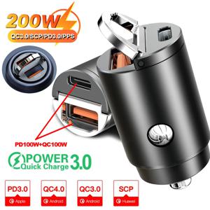 미니 200W PD QC 풀 링 빠른 충전 차량용 충전기 USB C 차량용 전화 충전기 어댑터 iPhone 13 12 Xiaomi Samsung Huawei