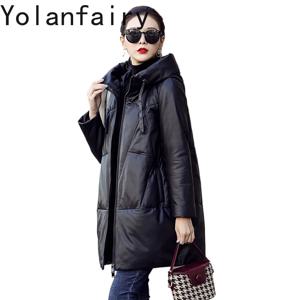 YOLANFAIRY 정품 가죽 양가죽 겉옷, 여성 의류, 겨울 후드 롱 다운 코트, 신상 여성 패션