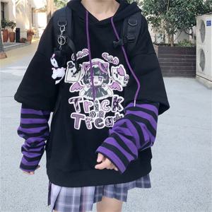 귀여운 하라주쿠 패치 워크 까마귀 streetwear 힙합 여성 스웨터 캐주얼 가을 하이 스트리트 탑 웃긴 하라주쿠 스트라이프 까마귀