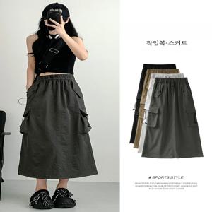 아메리칸 레트로 워크웨어 스커트 하이웨이스트 A라인 플러스 사이즈 그레이 슬리밍 미디 길이 여성 패션 봄 가을 시즌