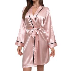 여자 섹시한 새틴 가운 긴 소매 V 넥 짧은 기모노 대비 파이핑 벨트 잠옷 Loungewear 신부 파티 드레싱 가운