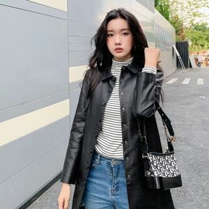 순수 가죽 가을 겨울 긴 여성 코트 블랙 캐주얼 루즈 피트 세련된 자켓 Juccy Carutar 브랜드 양피 가죽