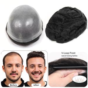 얇은 피부 Toupee 인간의 머리카락 자연 헤어 라인 남성 머리 보철물 더블 매듭 모세관 보철물 현실적인 남성 가발 머리 시스템
