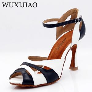 WUXIJIAO 여성용 라틴 댄스 슈즈 흑백 PU 피쉬 입 스타일 하이힐 살사 슈즈 편안한 소프트 힐 9cm