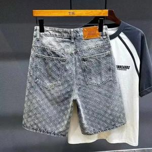 2025년 미국 스타일 남성 여름 루즈핏 스트레이트 데님 반바지, 천공 자카드, 고급스러운 느낌, 5부