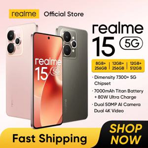 [월드 프리미어] 리얼미 15 5G 스마트폰 디멘시티 7300+ 5G 프로세서 7000mAh 배터리 80W 충전 6.77인치 144Hz AMOLED 디스플레이 NFC