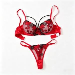 투피스 자수 브라 세트 - 여성용 꽃무늬 자수 란제리 세트 - 블랙 및 레드 속옷 세트 ZA825127