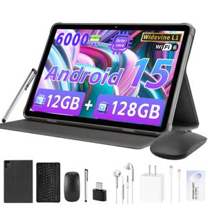 2025 안드로이드 15 태블릿, 10.1인치 태블릿 옥타 코어 프로세서, 12GB RAM 128GB ROM 1TB 확장, 와이드바인 L1, 6000mAh 배터리