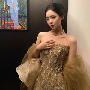 골드 스트랩리스 이브닝 드레스, 고급스러운 생일 드레스, 피쉬테일 웨딩드레스, 하이웨이스트, 기타 원단, 중국산