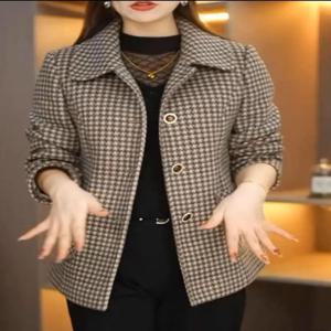 중년 어머니들을 위한 따뜻한 체크무늬 아우터 코트 겨울옷 하이웨이스트 한국 스타일 루즈핏 포켓 자켓