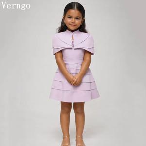 Verngo Simple 라벤더 미니 소녀 꽃 드레스 크레페 계층화 된 생일 파티 드레스 반팔 키즈 댄스 파티 드레스 맞춤형