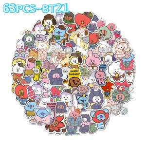 63개 BT21 만화 스티커 귀엽고 독창적인 방수 애니메이션 주변기기 스티커 팬들을 위한 선물