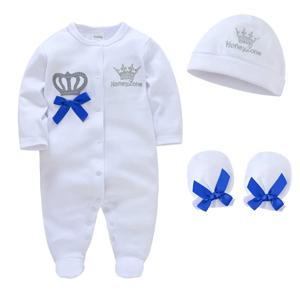 신생아 아기 소년 Romper 로얄 크라운 프린스 100% 코튼 의류 세트 모자 장갑 유아 소녀 원피스 Footies Sleepsuits