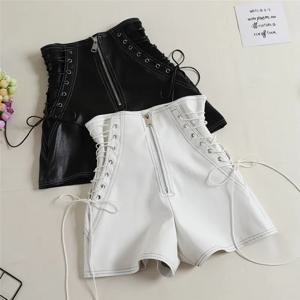 새로운 가을 여성 PU 반바지 넥타이 보우 붕대 높은 허리 반바지 캐주얼 화이트 블랙 가죽 반바지 숙녀 모든 경기 넓은 다리 반바지