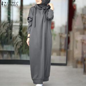 여성 겨울 풀오버 ZANZEA 2025 세련된 후드 후드 드레스 캐주얼 긴 소매 맥시 베스 티드 여성 Drawstring Robe Femme
