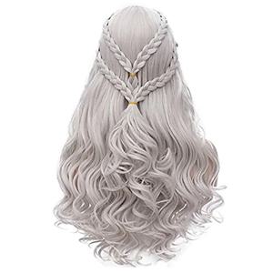 HAIRJOY 여성용 합성 헤어 Daenerys Targaryen 가발, 실버 긴 땋은 코스튬 코스프레 여왕 로리타 가발
