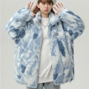 타이 다이 램스울 코트, 2025 겨울 트렌디 학생 코튼 재킷, 두꺼운 루즈 스탠드 칼라 코트, 여성 따뜻한 파카 오버코트, 신상