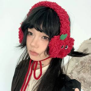 여성용 귀여운 애플 모양 디자인 레드 플러시 귀마개, 가을 및 겨울 따뜻한 귀 보호 패션, 다목적 스트랩 헤어밴드